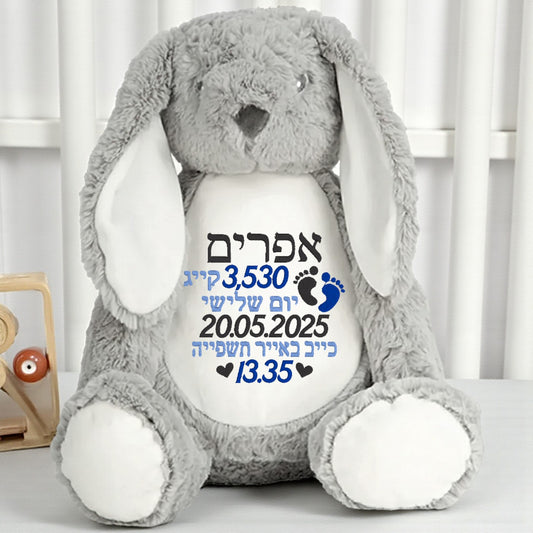 Hebrew Name Personalised Bunny Rabbit Plush Cuddly Toy Birth Stats embroidered